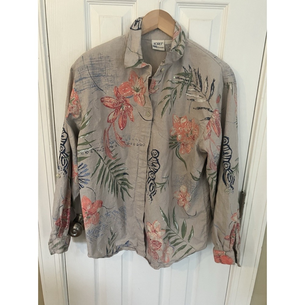 Vintage Koret Womens M Linen Tan Tropical Blend Floral Sequin Jacket /Shirt